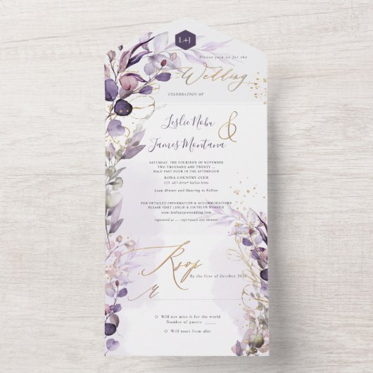 PixDezines H2 Robuust Paarse Eucalyptus Gold All In One Uitnodiging (Binnen)