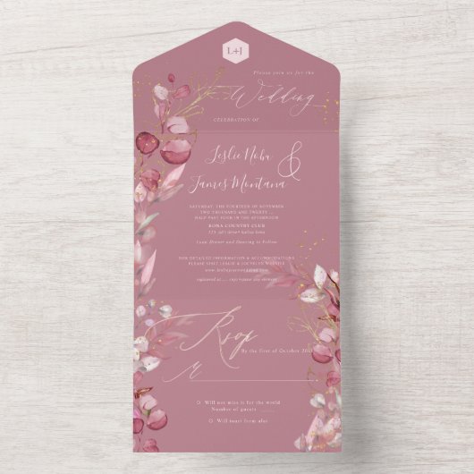 PixDezines H2 Robuust Roos Eucalyptus Gold All In One Uitnodiging (Binnen)