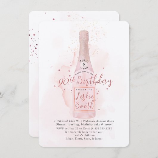 PixDezines H2 Roze Champagne 90 Birthday Kaart (Voorkant / Achterkant)