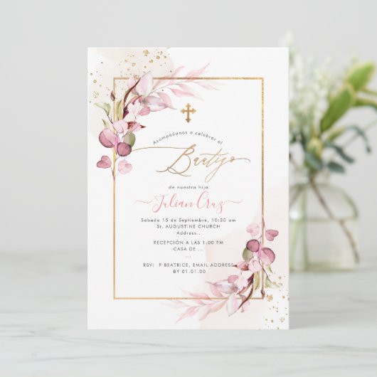 PixDezines H2 Roze Eucalyptus Bautizo Kaart (Staand voorkant)