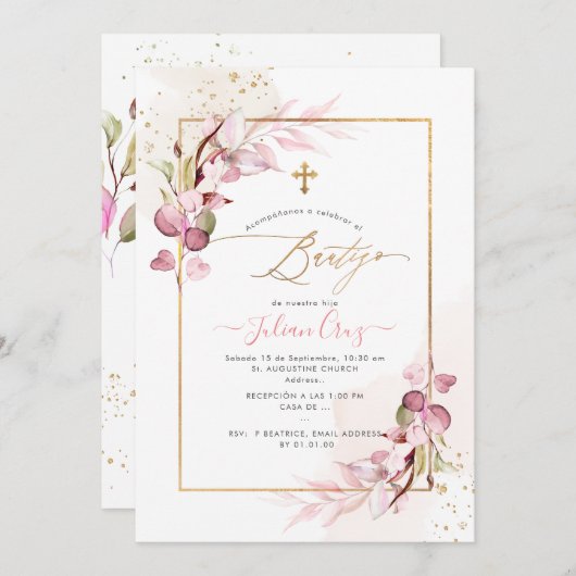 PixDezines H2 Roze Eucalyptus Bautizo Kaart (Voorkant / Achterkant)