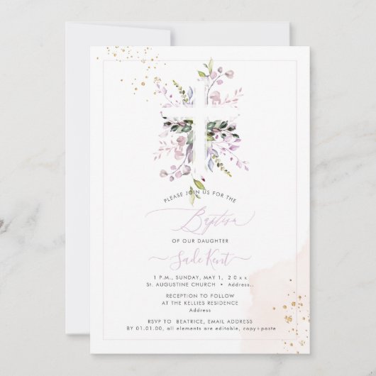 PixDezines H2 Roze Eucalyptus Doop Uitnodiging (Voorkant)