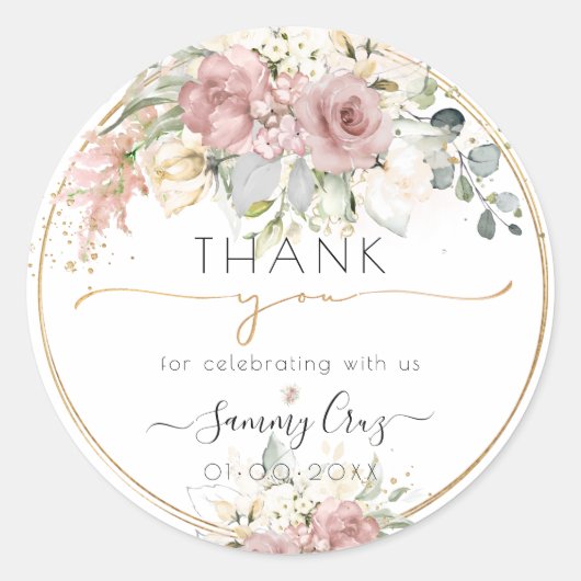 PixDezines H2 Roze roze Rozen Dank u Ronde Sticker (Voorkant)