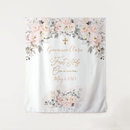 PixDezines H2 Rozen in Blush Eerste Heilige Commun Wandkleed (Voorkant)