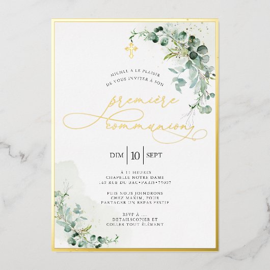 PixDezines H2 Rustic Eucalyptus Première Communère Folie Uitnodiging (Voorkant)