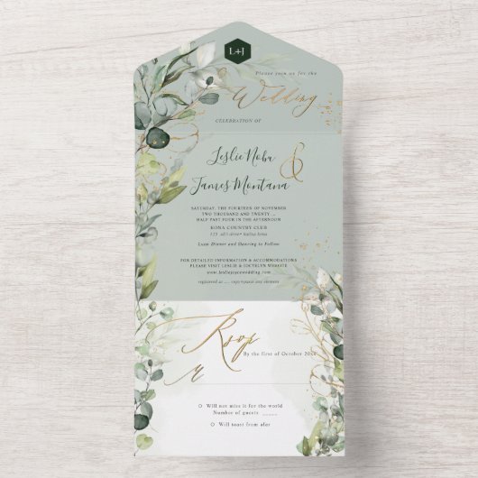 PixDezines H2 Rustic Gum Eucalyptus Green Gold Al All In One Uitnodiging (Binnen)