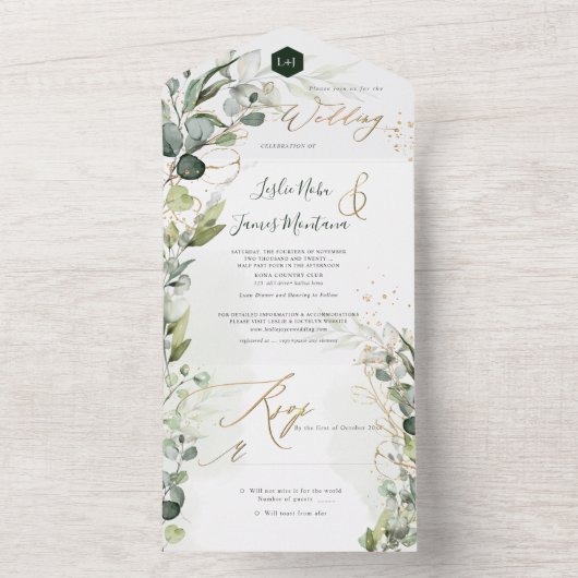 PixDezines H2 Rustic Gum Eucalyptus Green Gold All In One Uitnodiging (Binnen)