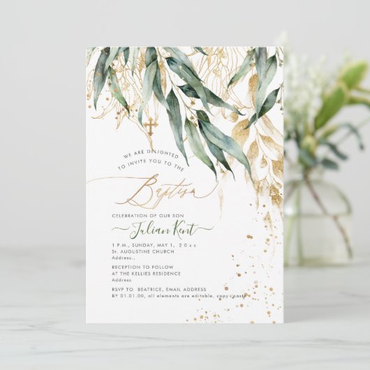 PixDezines H2 Rustic Willow Gum Eucalyptus Baptism Kaart (Staand voorkant)