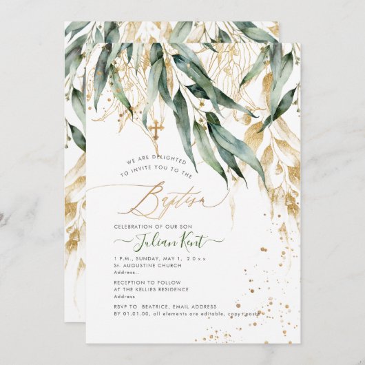 PixDezines H2 Rustic Willow Gum Eucalyptus Baptism Kaart (Voorkant / Achterkant)