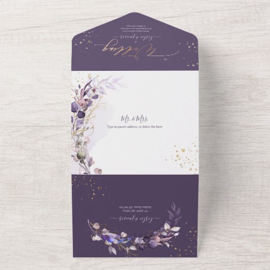 PixDezines H2 Rustieke Stofachtige Paarse Eucalypt All In One Uitnodiging (Buitenkant)