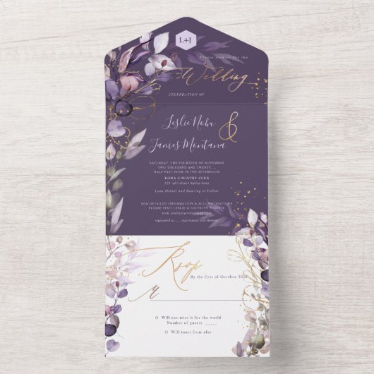 PixDezines H2 Rustieke Stofachtige Paarse Eucalypt All In One Uitnodiging (Binnen)