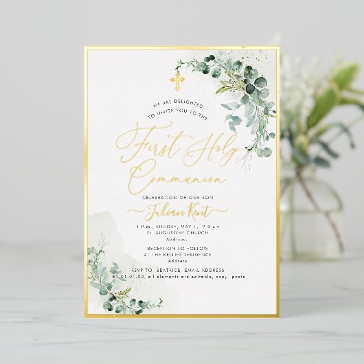 PixDezines H2 Rustige Eucalyptus First Communie Folie Uitnodiging (Staand Voorkant)