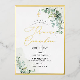 PixDezines H2 Rustige Eucalyptus Primeira Comunhão Folie Uitnodiging