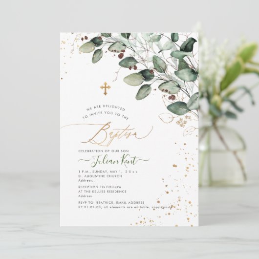 PixDezines H2 Rustisch tandvlees Eucalyptus Baptis Kaart (Staand voorkant)