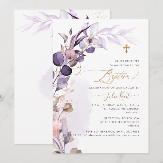 PixDezines H2 Stof Paarse Gum Loof Doop Kaart (Voorkant / Achterkant)