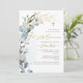 PixDezines H2 Stofblauw Eucalyptusblad Communie  Kaart (Staand voorkant)