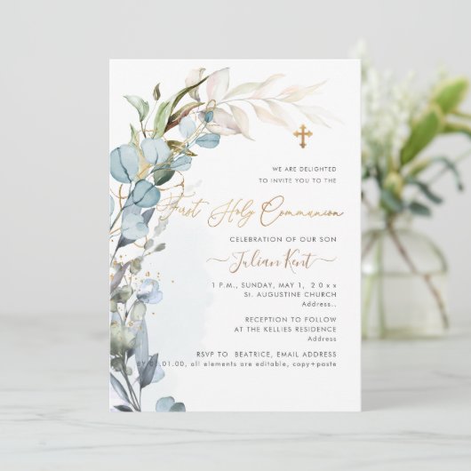 PixDezines H2 Stofblauw Eucalyptusblad Communie  Kaart (Staand voorkant)