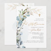 PixDezines H2 Stofblauw Eucalyptusblad Communie  Kaart (Voorkant / Achterkant)