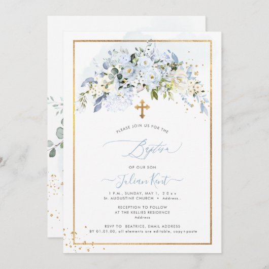 PixDezines H2 Stofblauwe Rozen Doop Kaart (Voorkant / Achterkant)