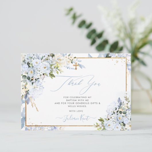 PixDezines H2 Stoffelijk Blauw Rozen Doop Dank u Kaart (Staand voorkant)