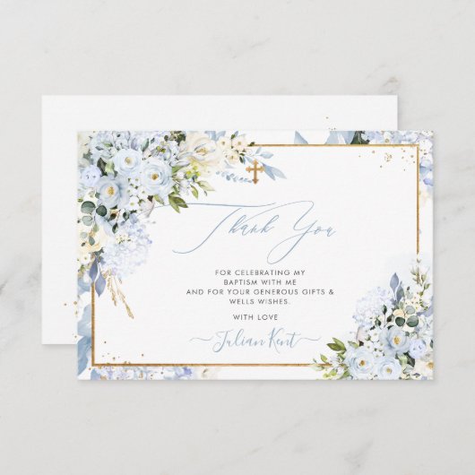 PixDezines H2 Stoffelijk Blauw Rozen Doop Dank u Kaart (Voorkant / Achterkant)