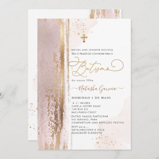 PixDezines H2 Stusty Roos Batismo Uitnodiging (Voorkant / Achterkant)