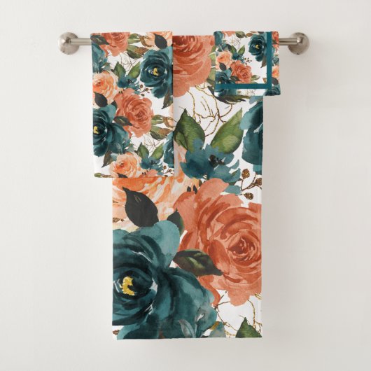 PixDezines H2 Tealgroene Roze Rozen Bad Handdoek (Insitu)