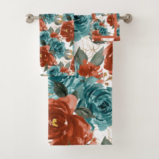 PixDezines H2 Tealgroene Roze Rozen Bad Handdoek (Insitu)
