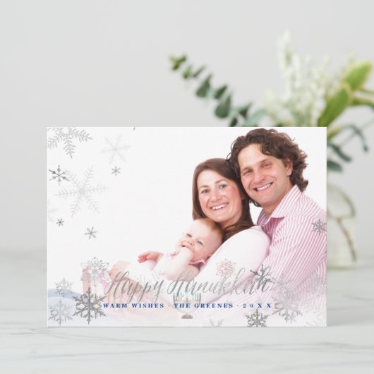 PixDezines Hanukkah/Faux Zilveren Sneeuwvlokken Feestdagenkaart (Staand voorkant)