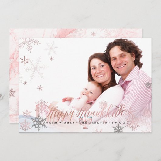 PixDezines Hanukkah/Roze Goud Sneeuwvlokken Feestdagenkaart (Voorkant / Achterkant)