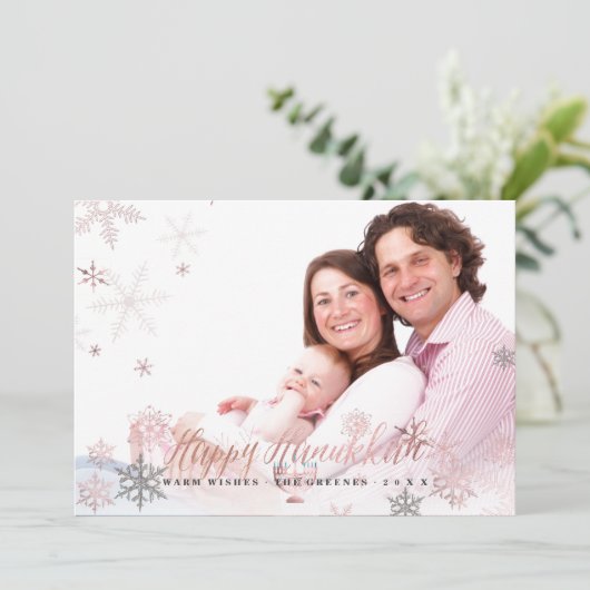 PixDezines Hanukkah/Roze Goud Sneeuwvlokken Feestdagenkaart (Staand voorkant)