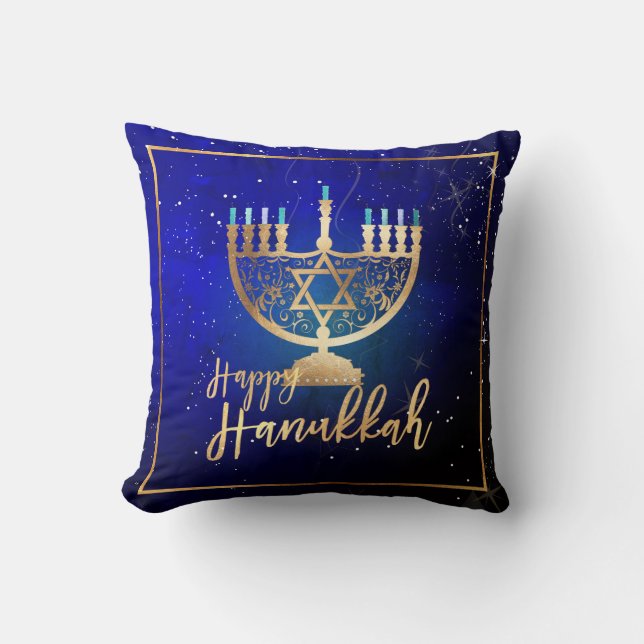 PixDezines Happy Hanukkah|Tempel Menorah Kussen (Voorkant)