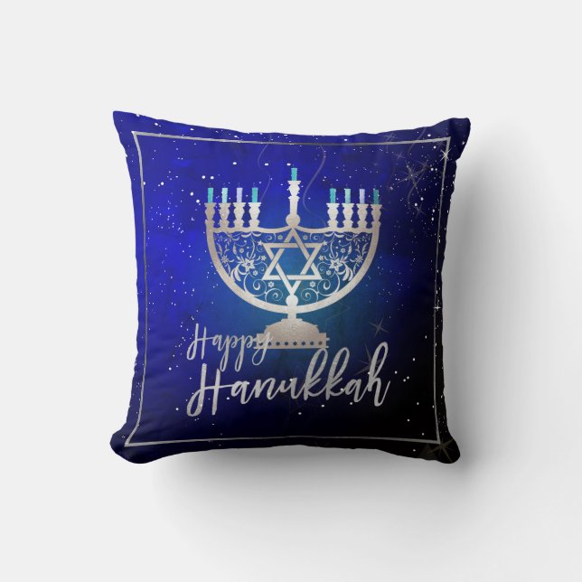 PixDezines Happy Hanukkah|Tempel Menorah Kussen (Voorkant)