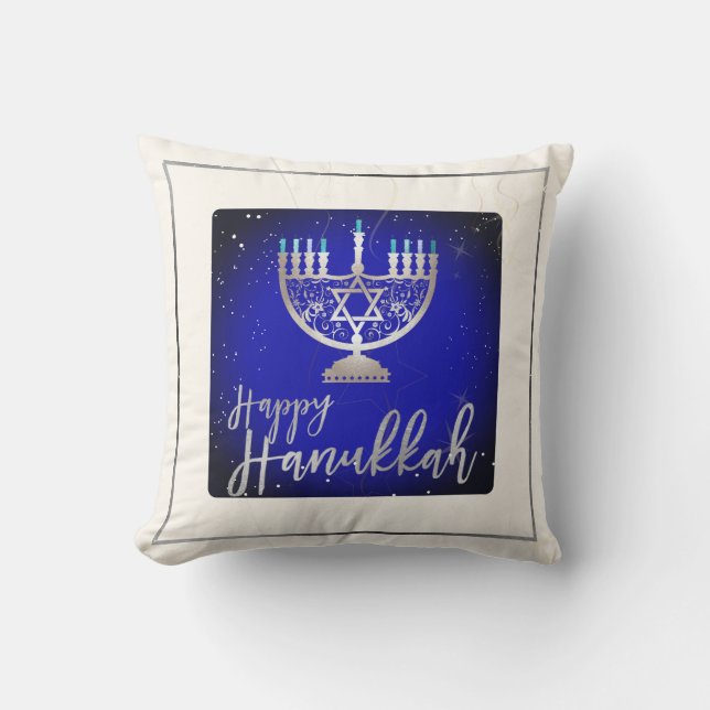 PixDezines Happy Hanukkah|Tempel Menorah Kussen (Voorkant)