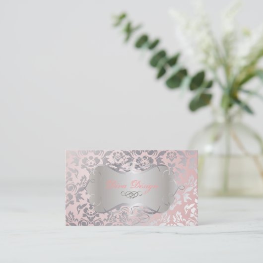 PixDezines Haute Coutour Damask, Faux Silver Visitekaartje (Staand voorkant)