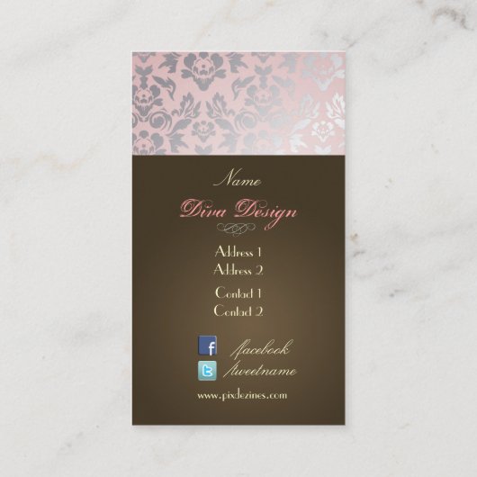 PixDezines Haute Coutour Damask, Faux Silver Visitekaartje (Achterkant)