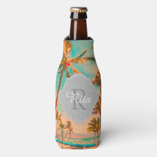 PixDezines Hawaï//Strand/Blauwgroen Flesjeskoeler (Fles Voorkant)