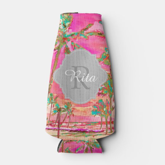 PixDezines Hawaï//Strand/Roze/Blauwgroen Flesjeskoeler (Voorkant)