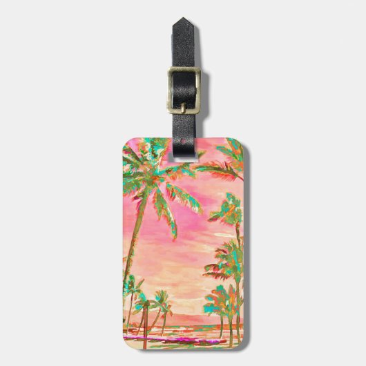 PixDezines  Hawaïaans strand scene/Roze Bagagelabel (Voorkant verticaal)