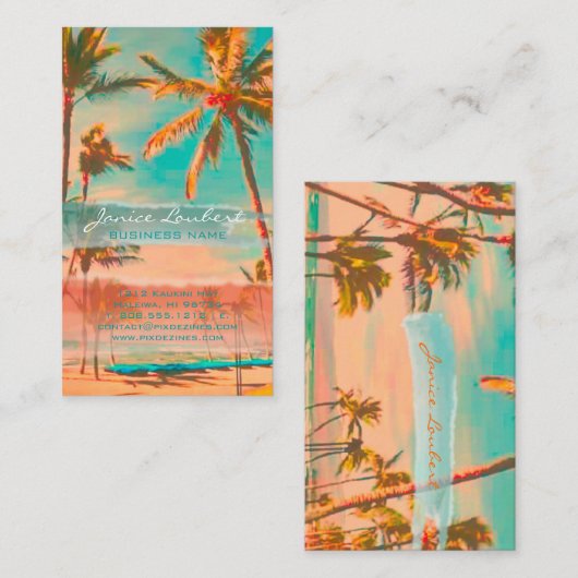 PixDezines  hawaiiaans strand scene/blauwgroen Visitekaartje (Voorkant / Achterkant)