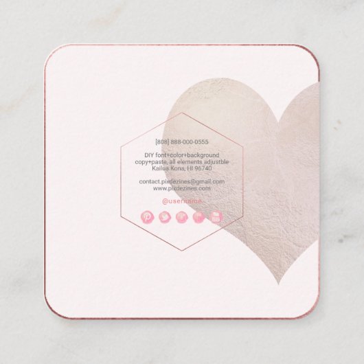 PixDezines Heart | Faux Metallic Blush Square Busi Vierkante Visitekaartje (Achterkant)