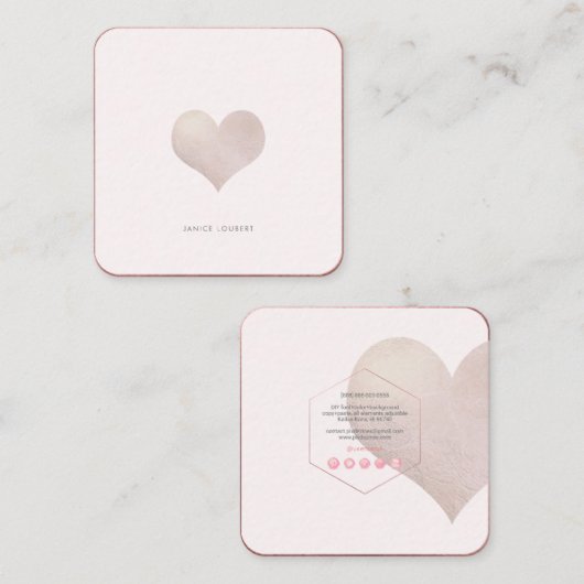 PixDezines Heart | Faux Metallic Blush Square Busi Vierkante Visitekaartje (Voorkant / Achterkant)