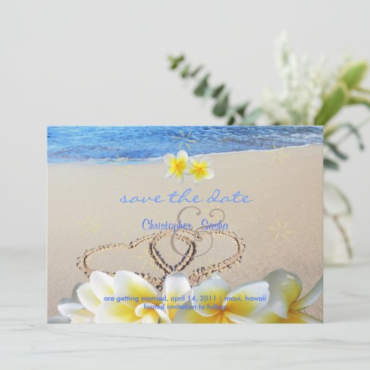 PixDezines Hearts+Plumeria in Zand Save The Date (Staand voorkant)