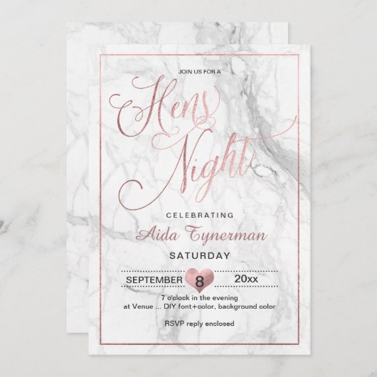 PixDezines Hens Nacht Faux Roos Goud Script + Marm Kaart (Voorkant / Achterkant)