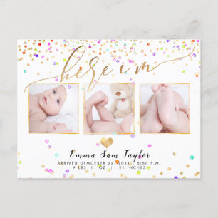 PixDezines Here I'm Birth Announcement/Confetti Aankondigingskaart