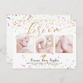 PixDezines Here I'm Birth Announcement/Confetti Aankondigingskaart (Voorkant / Achterkant)