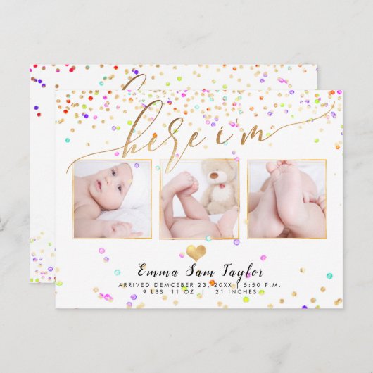 PixDezines Here I'm Birth Announcement/Confetti Aankondigingskaart (Voorkant / Achterkant)
