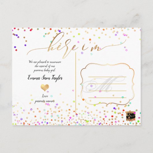 PixDezines Here I'm Birth Announcement/Confetti Aankondigingskaart (Achterkant)