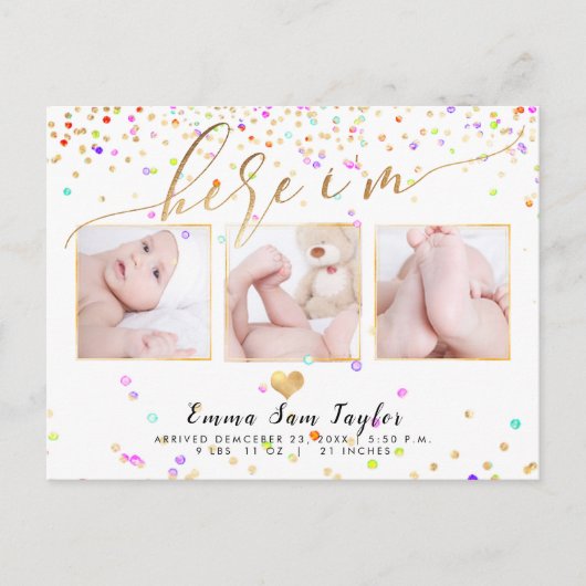 PixDezines Here I'm Birth Announcement/Confetti Aankondigingskaart (Voorkant)