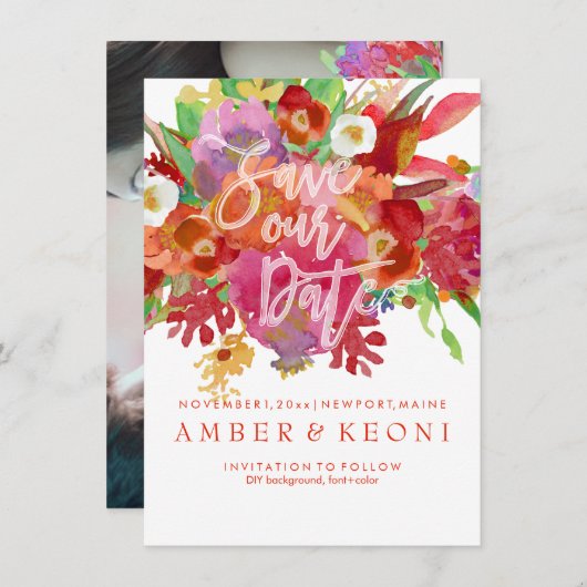 PixDezines Herfst Floral Waterverf Save the Date Kaart (Voorkant / Achterkant)